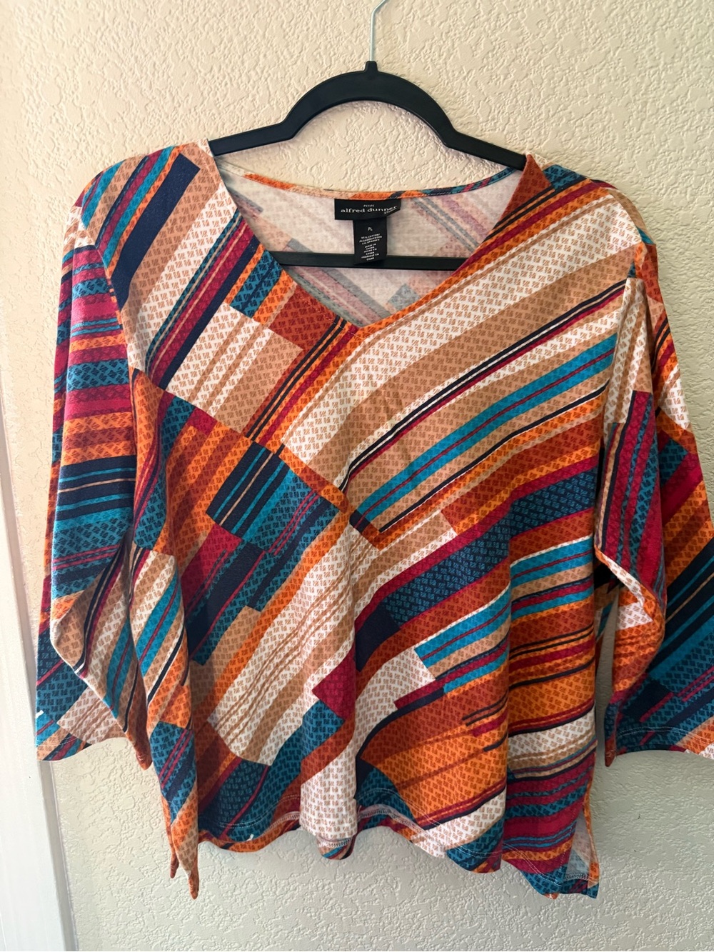Alfred Dunner Multicolor Striped V-Neck Blouse in Orange, Teal, Navy